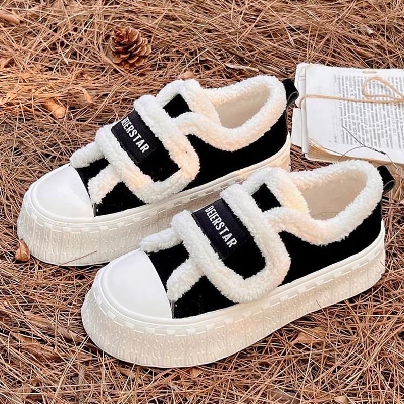 Fur Platform Women Sneakers Canvas Flats Cotton Shoes Short Plush Casual Shoes Winter 2024 Trend Walking Cozy Mujer Zapatillas