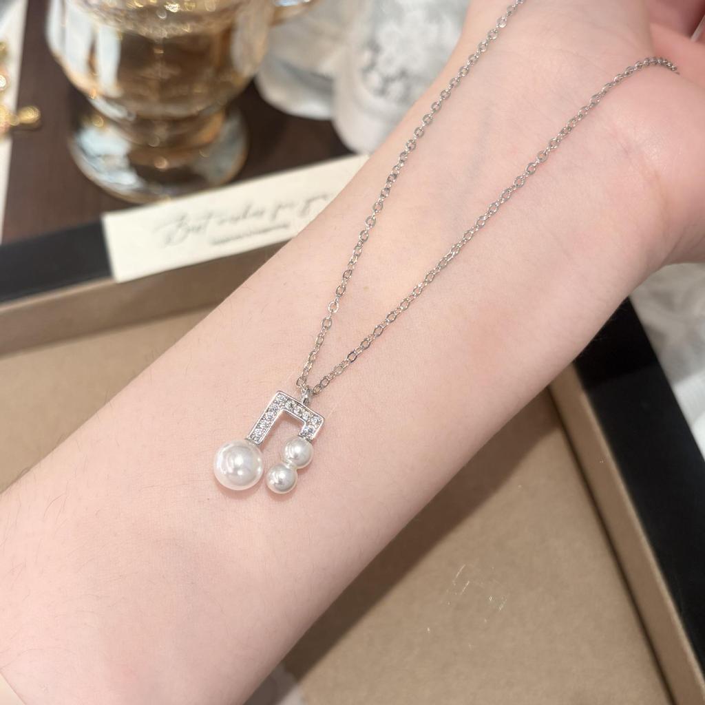 Elegant French Musical Note Pearl Earrings & Geometric Necklace Set for Women - Stylish, High-End Accessories