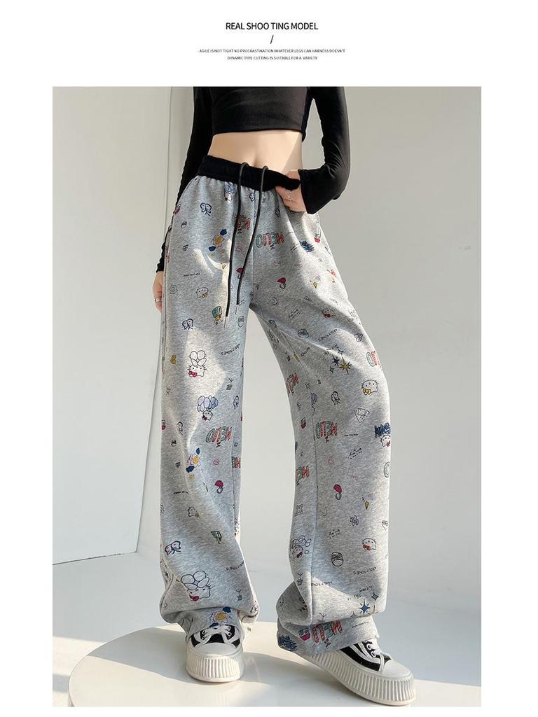 Authentic 2026 Hand-painted Graffiti Sweatpants for Women - Spring/Summer, Elastic Waist, Curved Leg, Casual Drawstring Fit