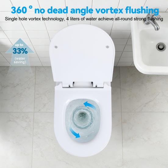 Rimless Wall Hung Toilet, Wall Mounted Toilet Bowl with Soft Closing Seat, Space Saving Round Floating Toilet with 360-degree Single Hole Super Swirl