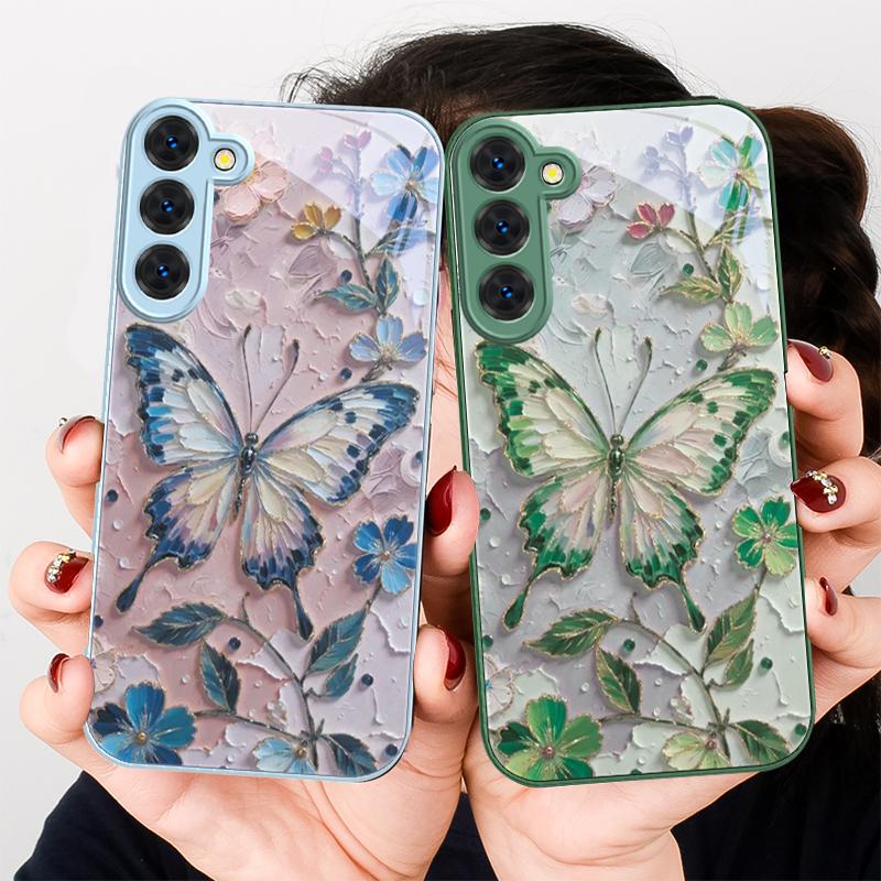 Elegant Pink Butterfly For Samsung S26 S22 S8 S9 S10 S20 Ultra S21 Pro S22 Plus S23 FE S24Ultra S25 Edge S24+ Glass Phone Case