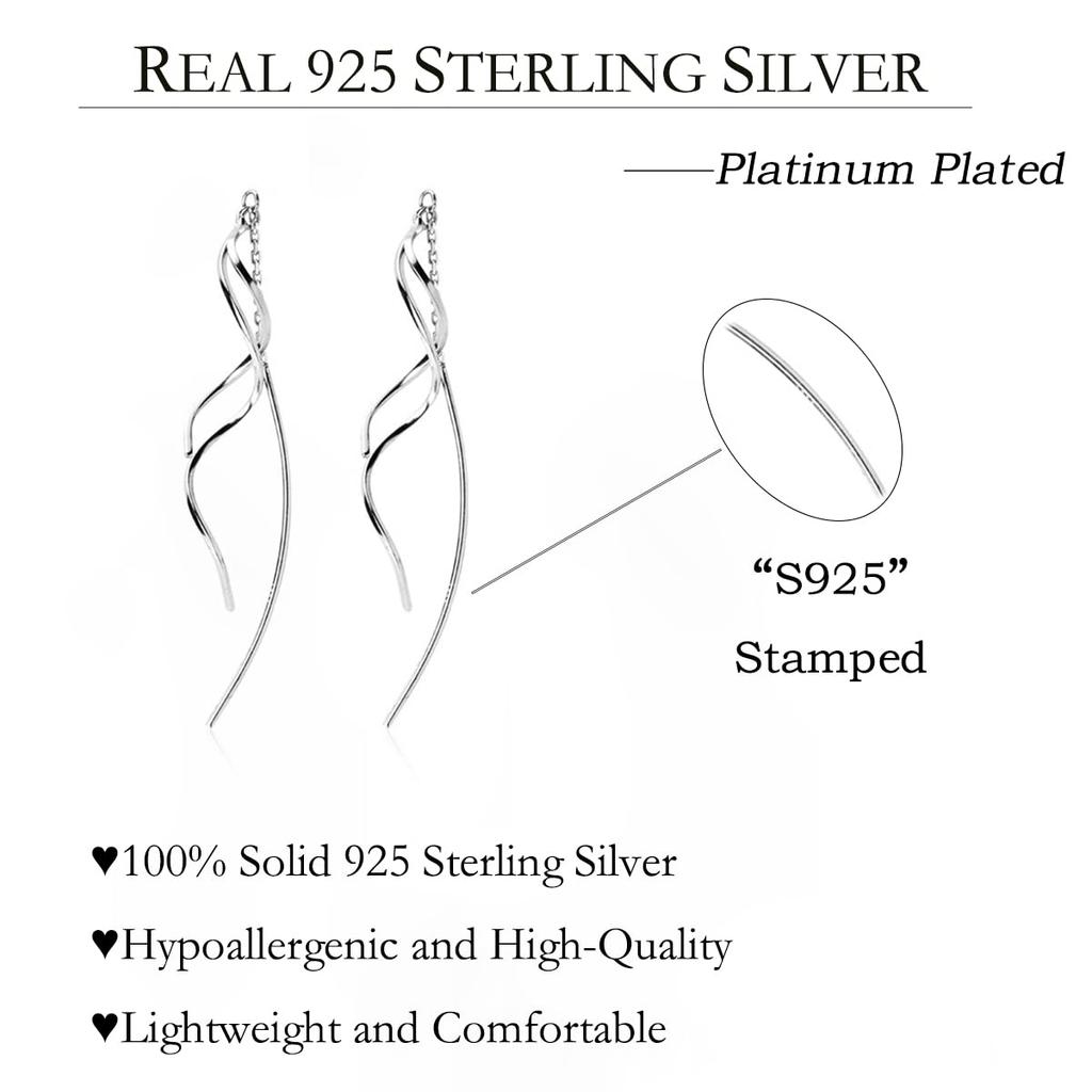 SLUYNZ 925 Sterling Silver Curve Threader Earrings Chain for Women Teens Girls Dangle Wave Earrings Tassel