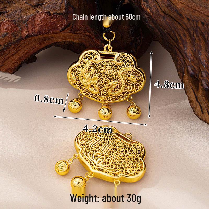 Vietnamese Sand Gold Ruyi Lock Necklace with Dragon & Phoenix Design