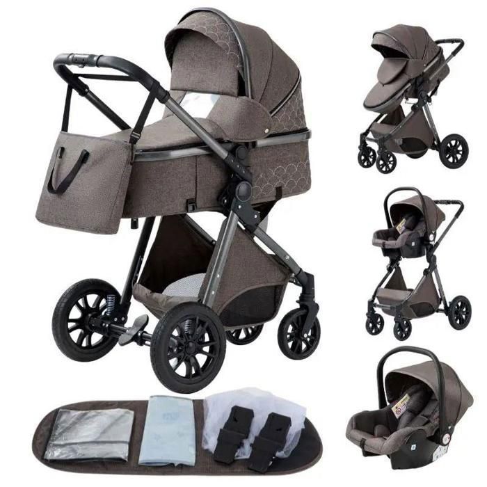 Poussette 3 en 1 Bébé Combinée Siège-Auto Nacelle Trio Réversible Réglable Haute Qualité Roue increvable Canne.Chocolat