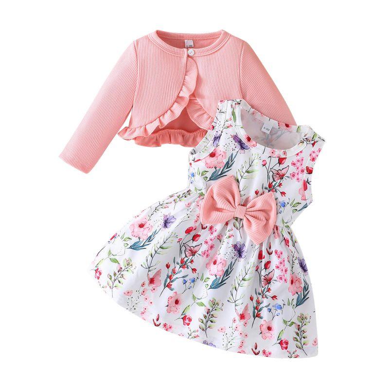 

Комплект платья для девочек-малышек: топ-шаль с длинным рукавом и платье без рукавов с бантом 12-18M