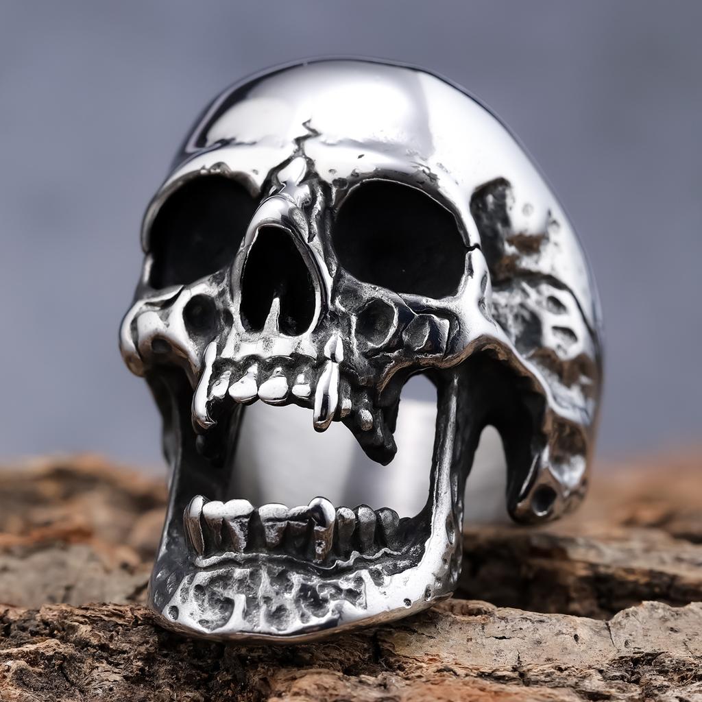 Gothic Long Tooth Zombie Skull Ring Men's Blackened Polished Stainless Steel Jewelry