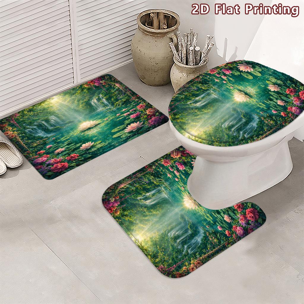 4Pcs 2D Flat Enchanted Waterfall Shower Curtain Set with Non-Slip Bath Mat, Toilet Lid Cover, Contour Rug & 12 Hooks, Bathroom Decor