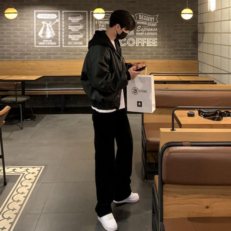 Lederjacke mit Kapuze für Herren, Frühling, neue lockere Oberseite, koreanischer Stil, trendige Lederjacke