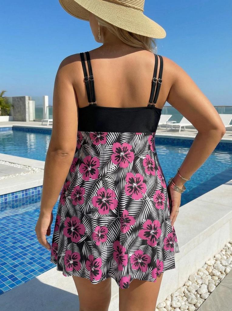European & American Plus Size Floral & Leopard Print Two-Piece Swimsuit with Tankini Top & Skirt for Women