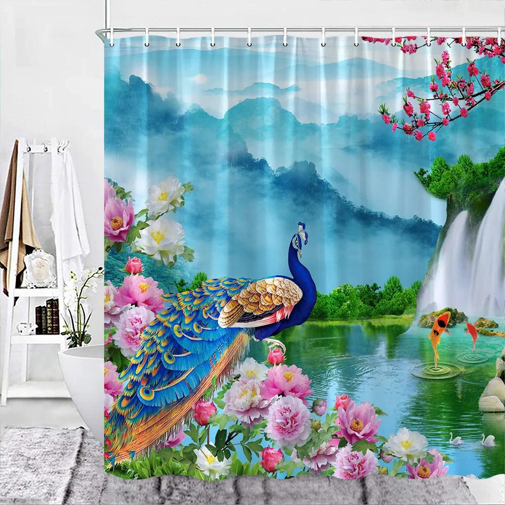 Hummingbird Floral Shower Curtain Watercolor Bird Flower Home Bathroom Decor Polyester Fabric Bathroom Curtain Set Hook Washable