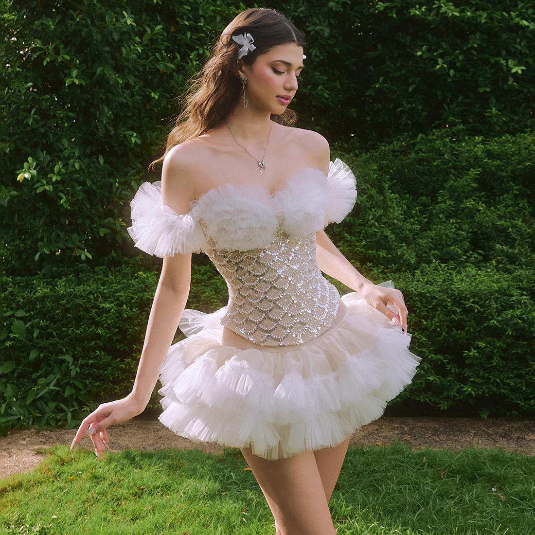 2026 Spring Women s Mesh Spliced Fish Scale One-Shoulder Bandeau Skirt Set Medium