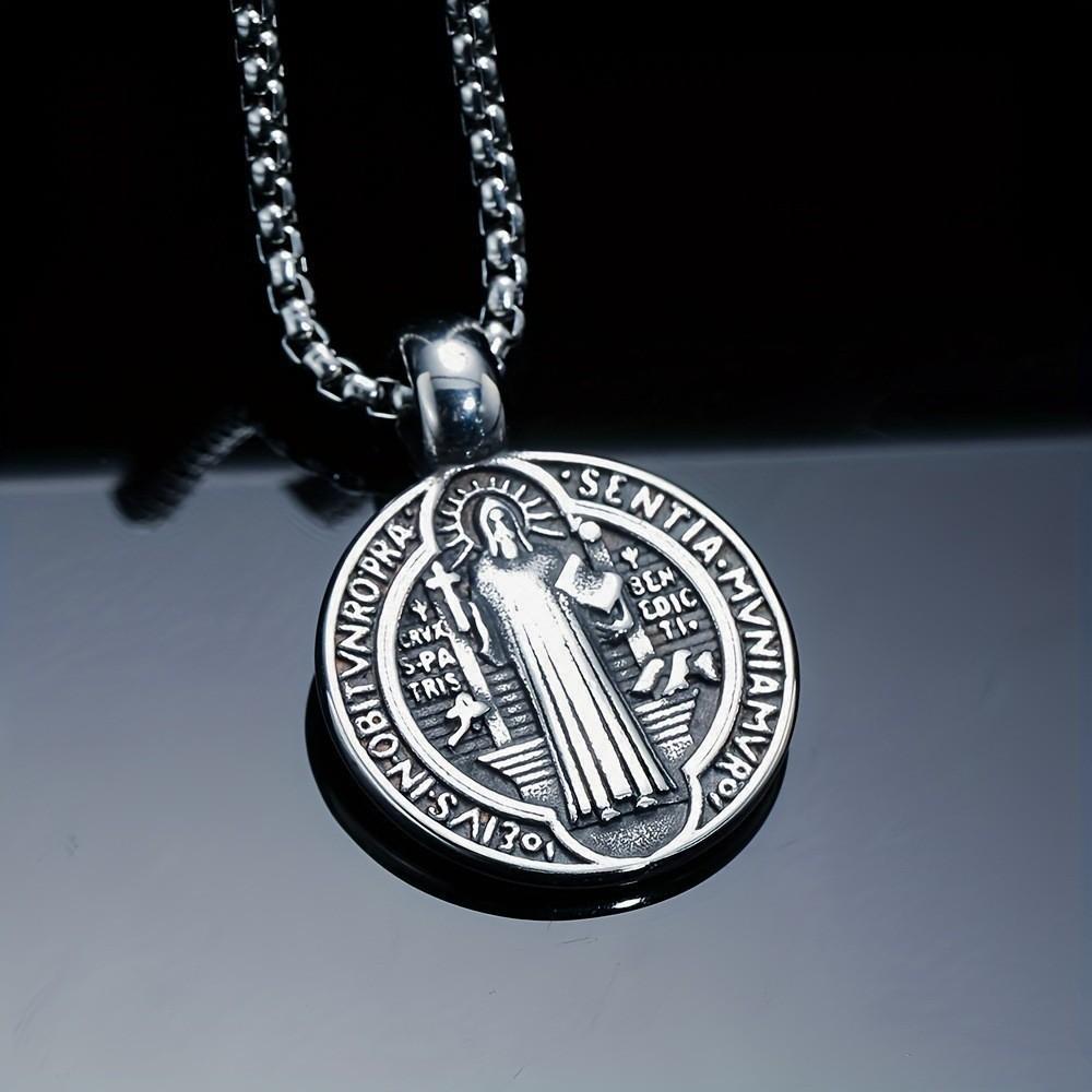 Jesus St. Benedict Pendant Necklace Vintage Round Double Sided Pattern Faith Necklace Ornament