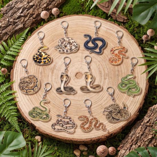 Portable Acrylic Decor 12Pcs 2D Snake Keychain Set, Lizard Reptile Insect Key Realistic Animal Ring Holder, Decorative Pendant for Backpacks Handbags