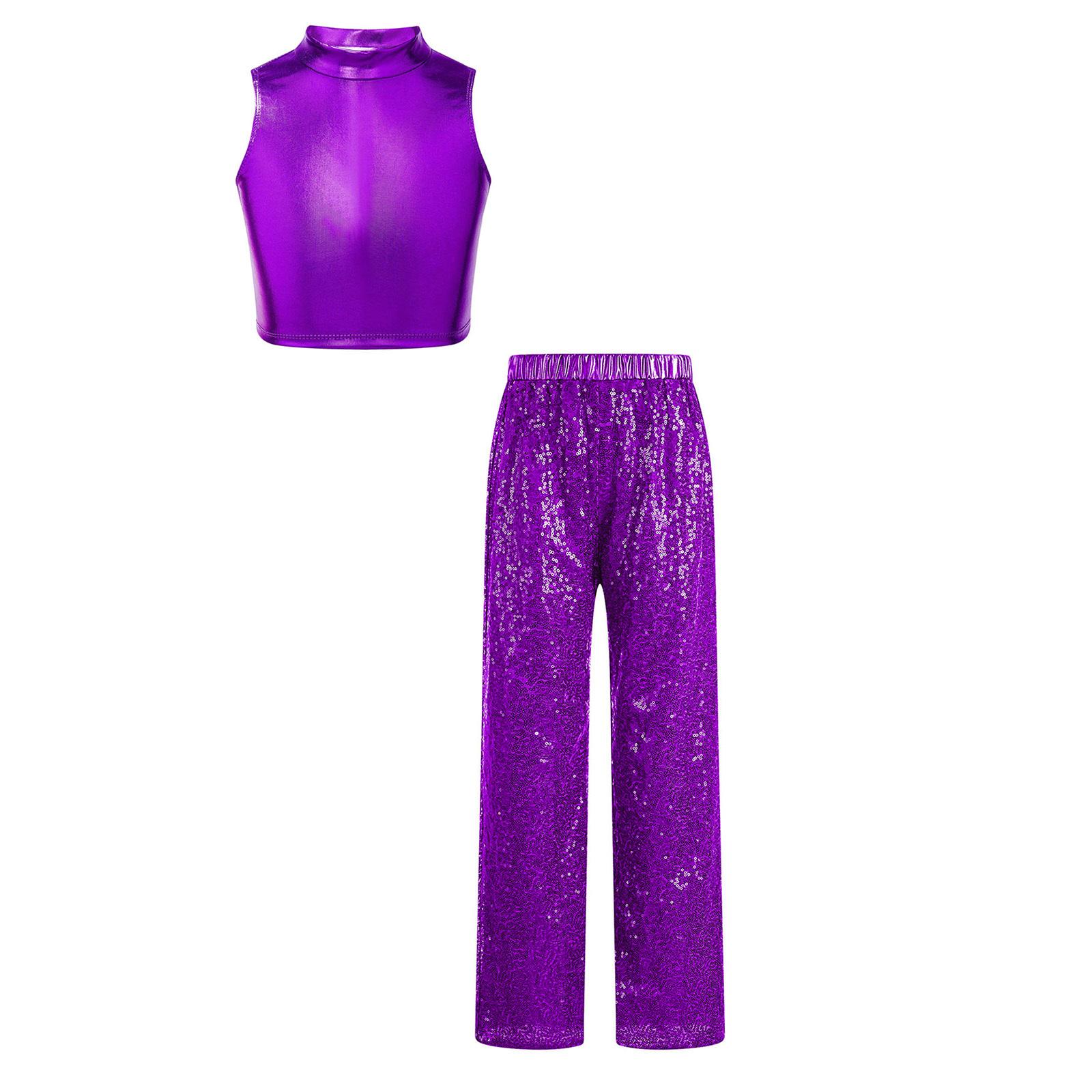 

Girls Metallic Mock Neck Crop Top Sleeveless Sparkle Sequin Pants Elastic Waistband Jazz Outfit 5-6 Years фіолетовий