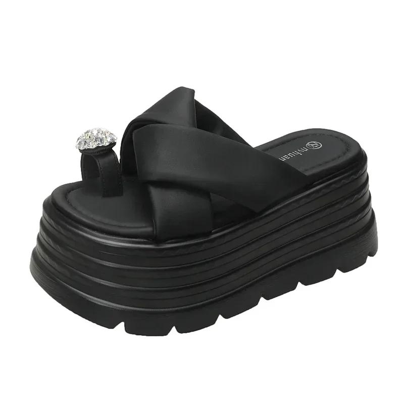 Fashion 8CM Embed Rhinestones Heels Wedge Slides Sandals Women Casual Outdoor Slippers Female Summer Beach Slipper Walking Chunky Shoes