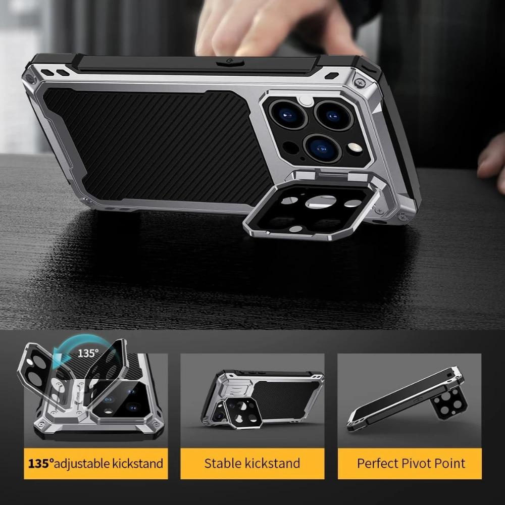 For IPhone 14 Pro Max 15 16 Plus Aluminum Metal Armor Magnetic Phone Case Lens Stand Screen Protect Heavy Duty Shockproof Cover