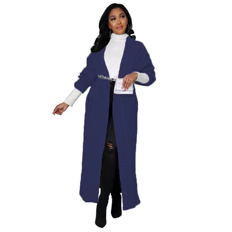 New Autumn Winter Women's Fashion Pocket Cardigan Casual Long Sleeve Sweater Long Solid Color