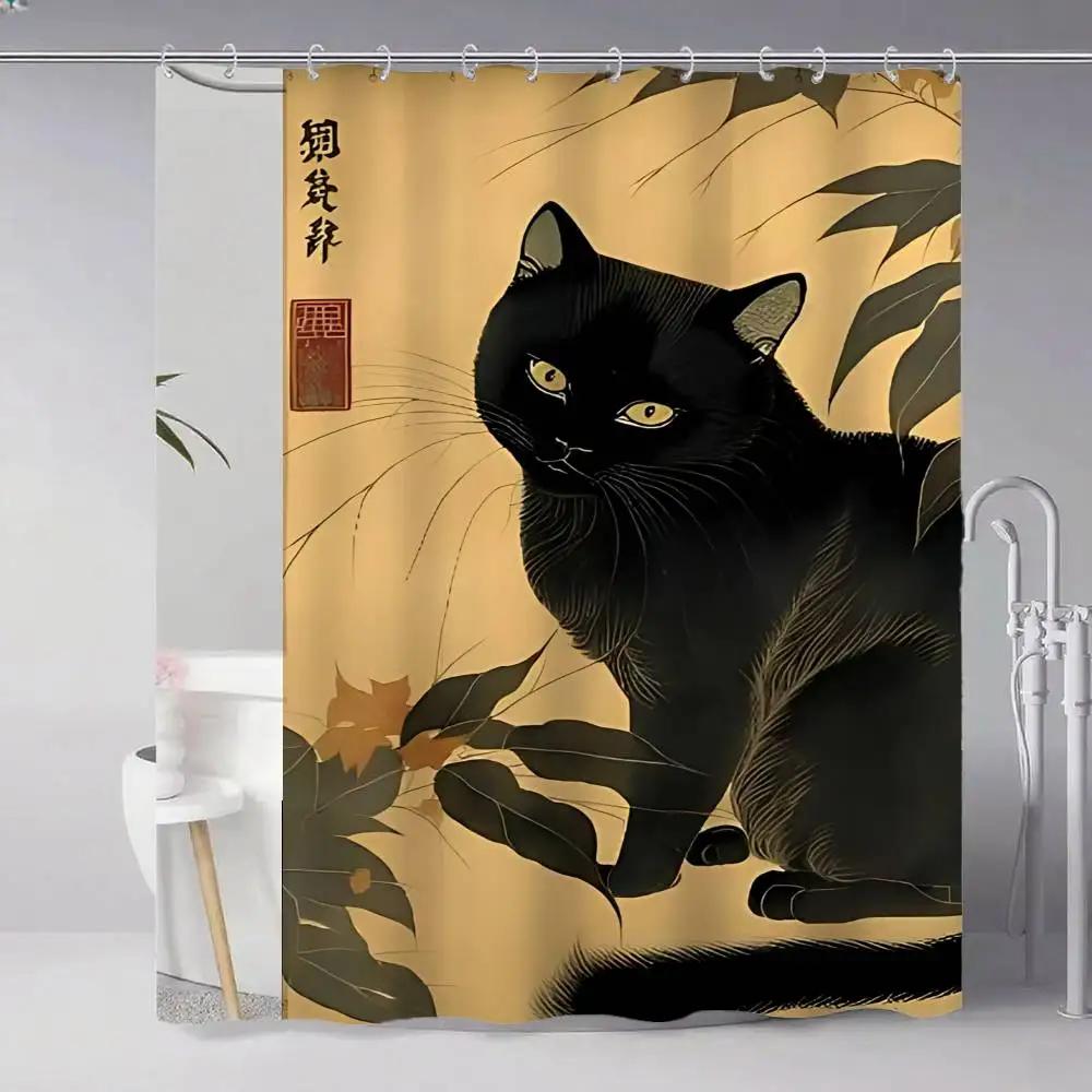 Japanese Cat Classic Vintage 1pc Pattern Shower Curtain Plus Hooks Waterproof Machine Washable Polyester Fabric Abstract
