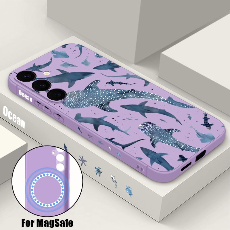 Magnetic Case For Samsung Galaxy S26 S25 S24 Ultra S23 S24 S25 FE For Magsafe Wireless Charge Whale Print Soft TPU Phone Cover