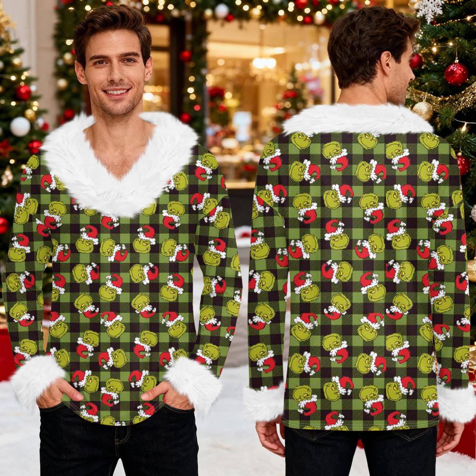 

Мужское худи с рождественским принтом и флисовой подкладкой | Праздничный свитшот с отделкой из искусственного меха и карманом | Праздничный пуловер большого размера свободного кроя S винный