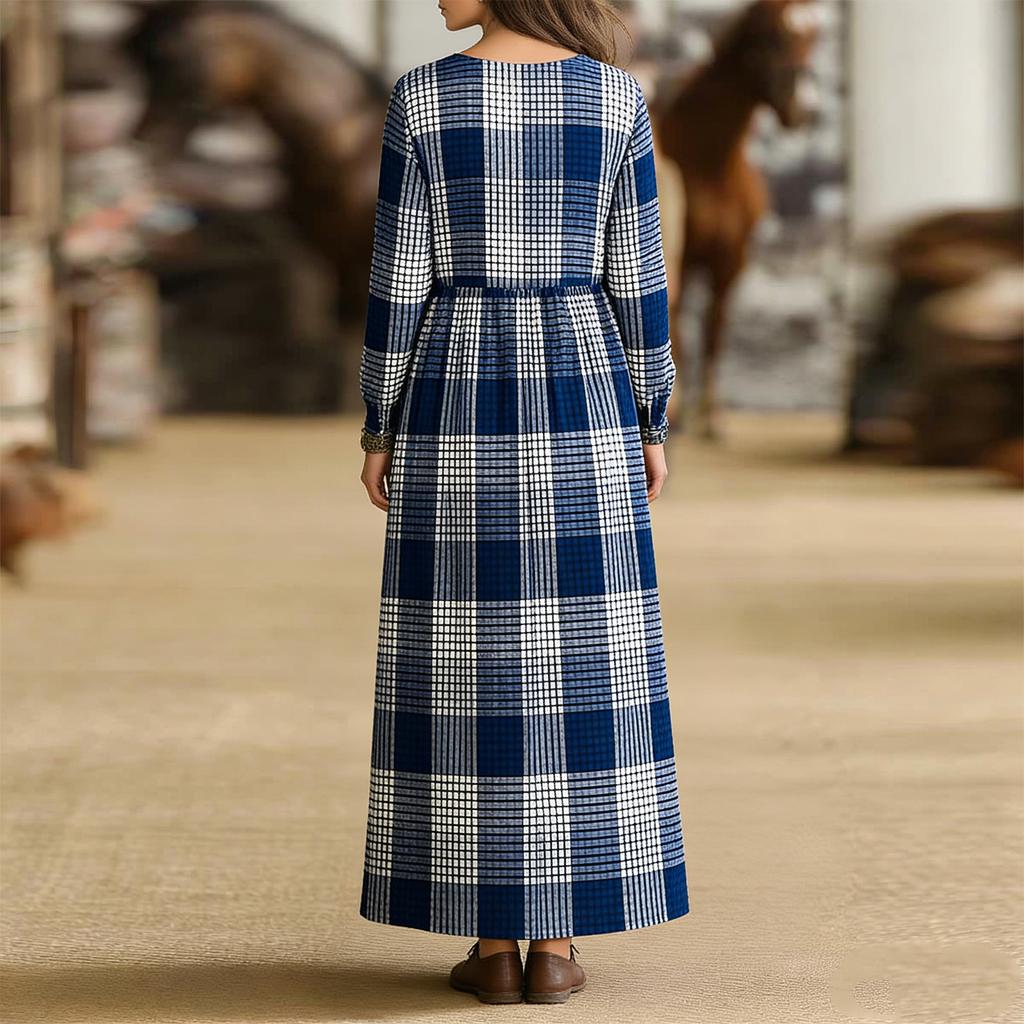 Elegancka damska sukienka koszulowa w kratę z długim rękawem Modna sukienka z kołnierzykiem koszulowym w kratę