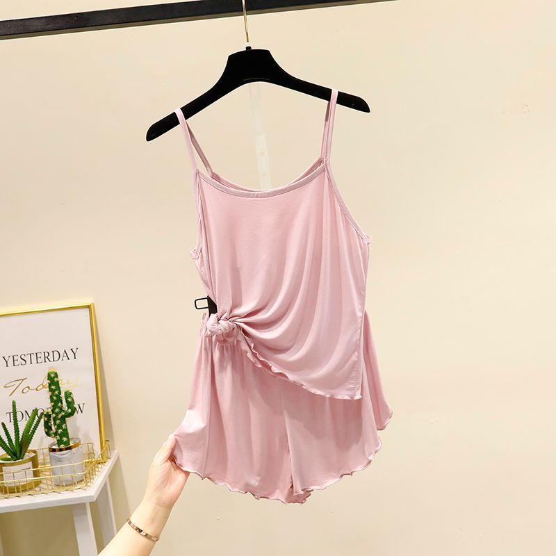 

Летний комплект свободного платья-комбинезона из ледяного шелка для женщин, модальный внутренний топ без рукавов, домашняя пижама, пижамные брюки, комплект из двух предметов Pink XL (60.00 kg-70.00 kg recommended