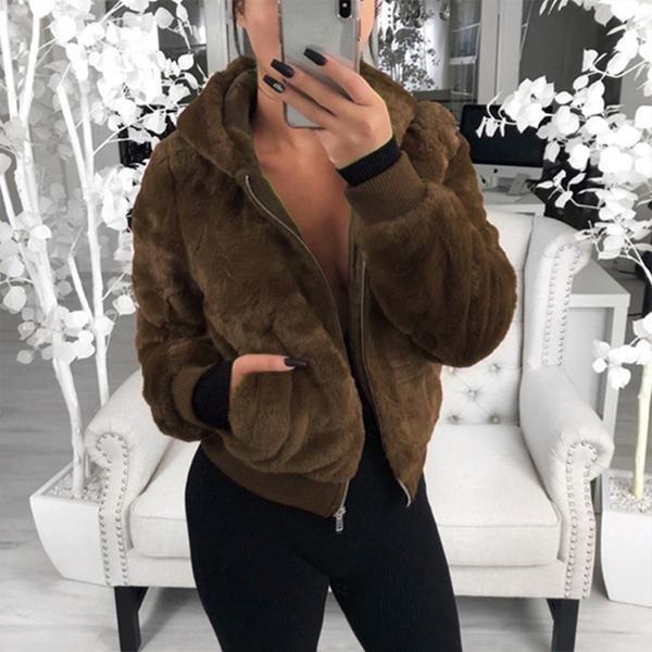 Solid Color Long-sleeved Hooded Coat Fluffy Faux Fur Cardigan Winter Zipper Jacket