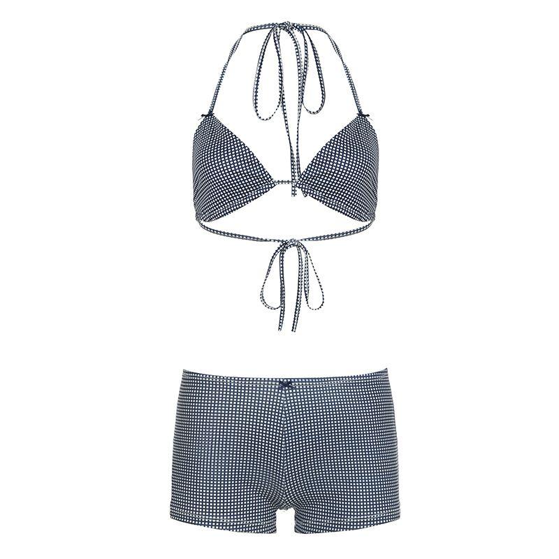 

H Home European and American Women s Clothing Summer Island Blue Gingham Bikini Suit Halter Spaghetti Straps Bra + Sexy Shorts Blue S