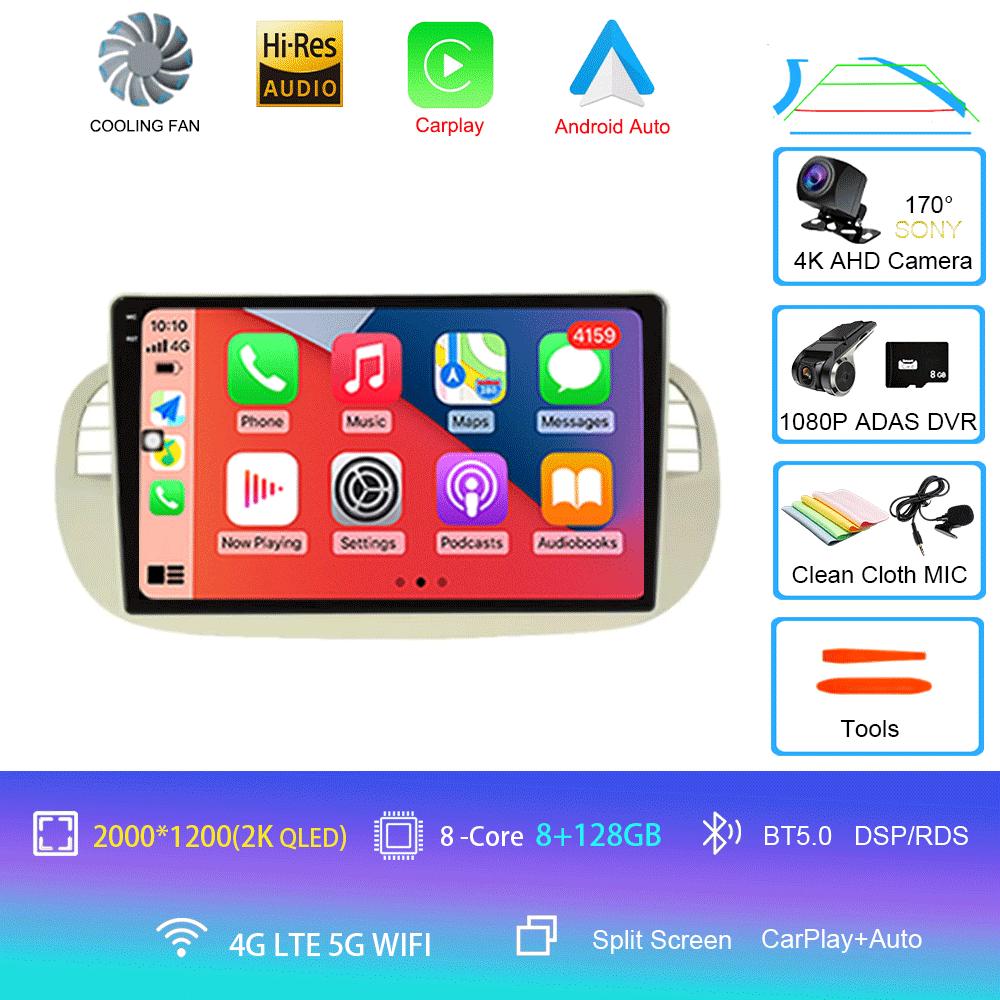 Car Radio Android 14 For Fiat 500 Navigation GPS Multimedia Player Stereo 5GWiF+4G SIM BT Wireless Auto Carplay 360 Camera 2 DIN
