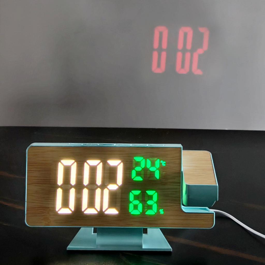 Large Display Wood Pattern LED Alarm Clock with Rotating Projectors And Temperature Humidity Display Snooze Function
