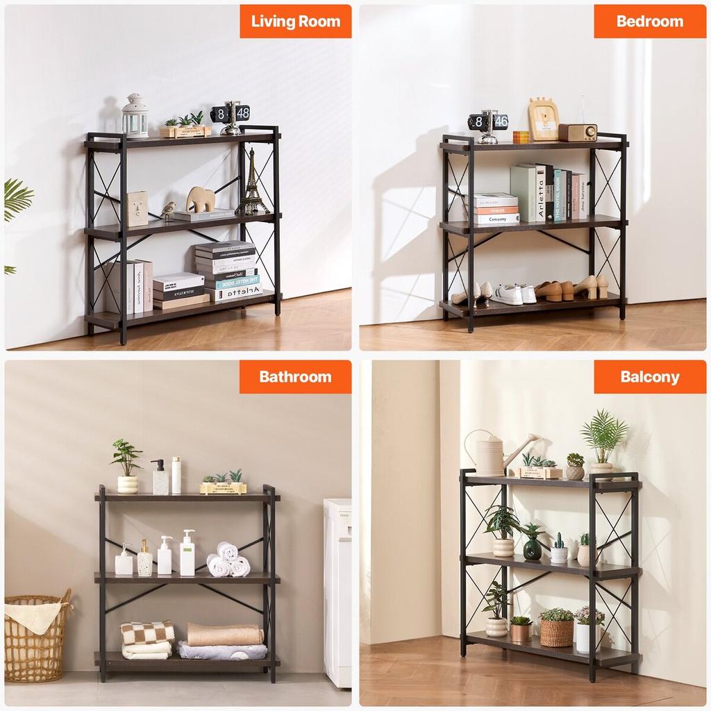 Metal Bookshelf Rustic Bookshelf 3-Tier for Living Room Bedroom & Office