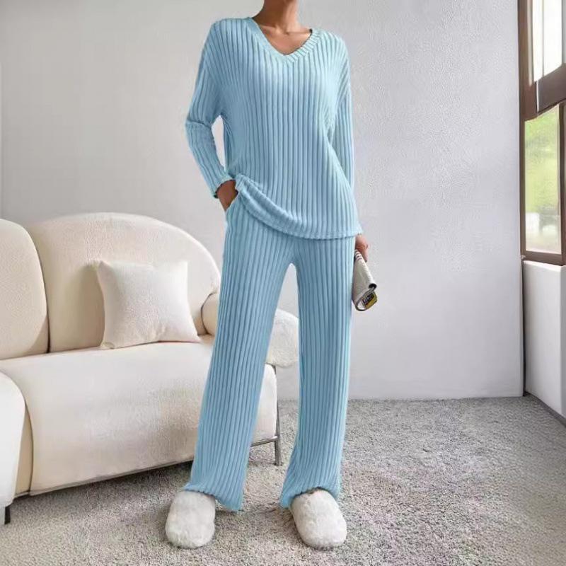 European & American Autumn/Winter Two-Piece Set: V-Neck Ribbed Knit & Casual Straight-Leg Pants