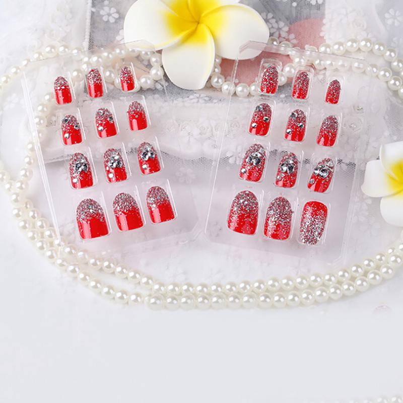 24Pcs Red Round False Nails Acrylic Uv Gel Full French Fake Nails Art Tips Tools