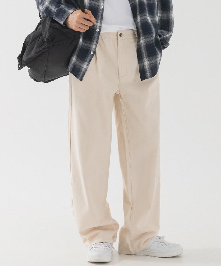 PIANER Semi-Wide One-Pleat Cotton Pants (Cream)