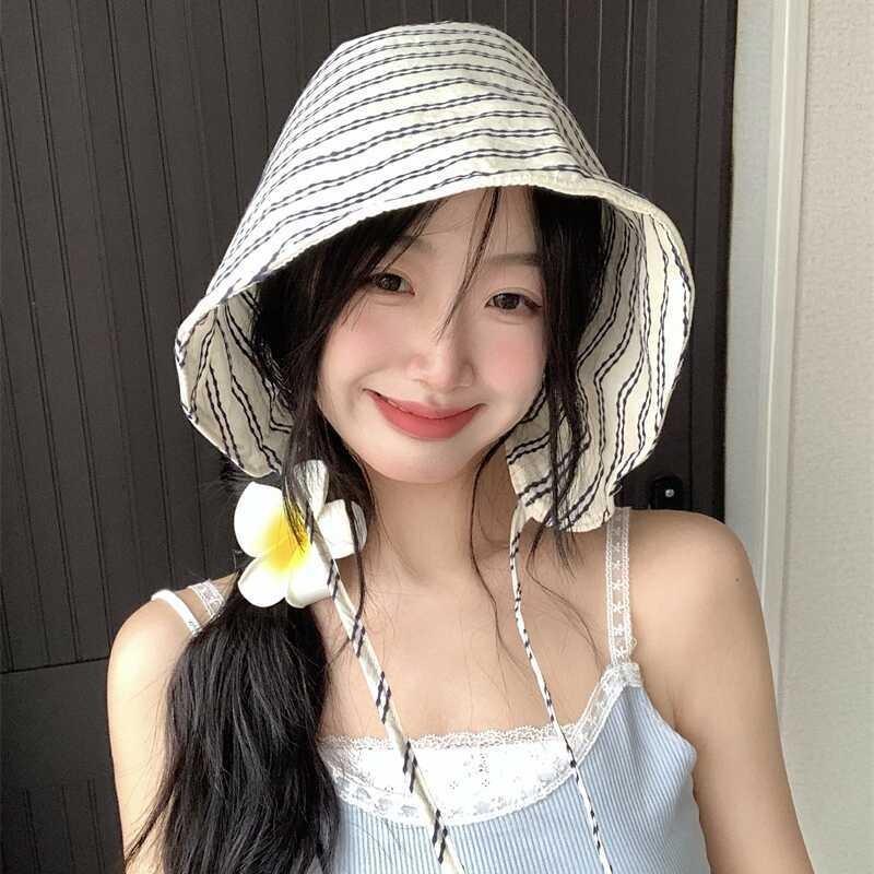 Summer Womens New French Style Wide Brim Bucket Hat With Elegant Stripes And Sun Protection