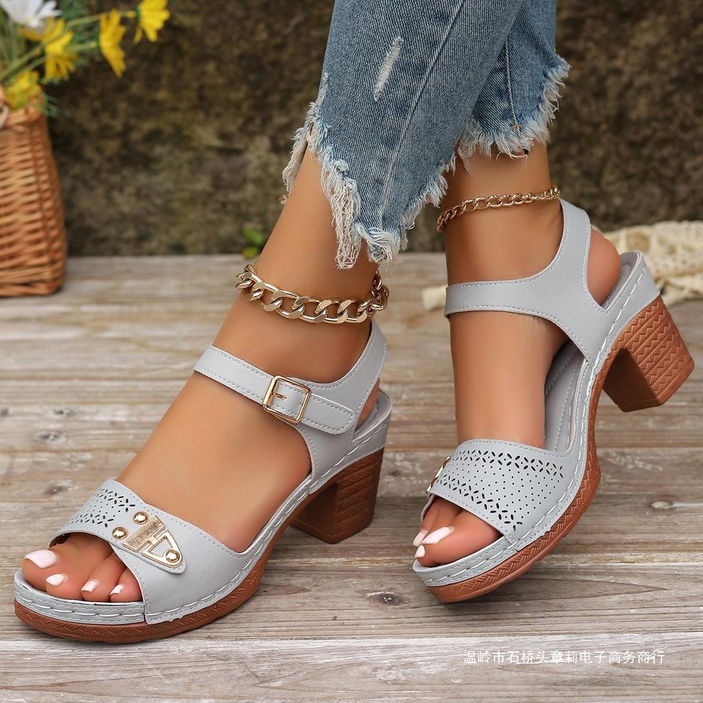 European and American thick heel sandals women's outer wear 2025 summer new fish mouth thick heel large size high heel sandals women's foreign trade
