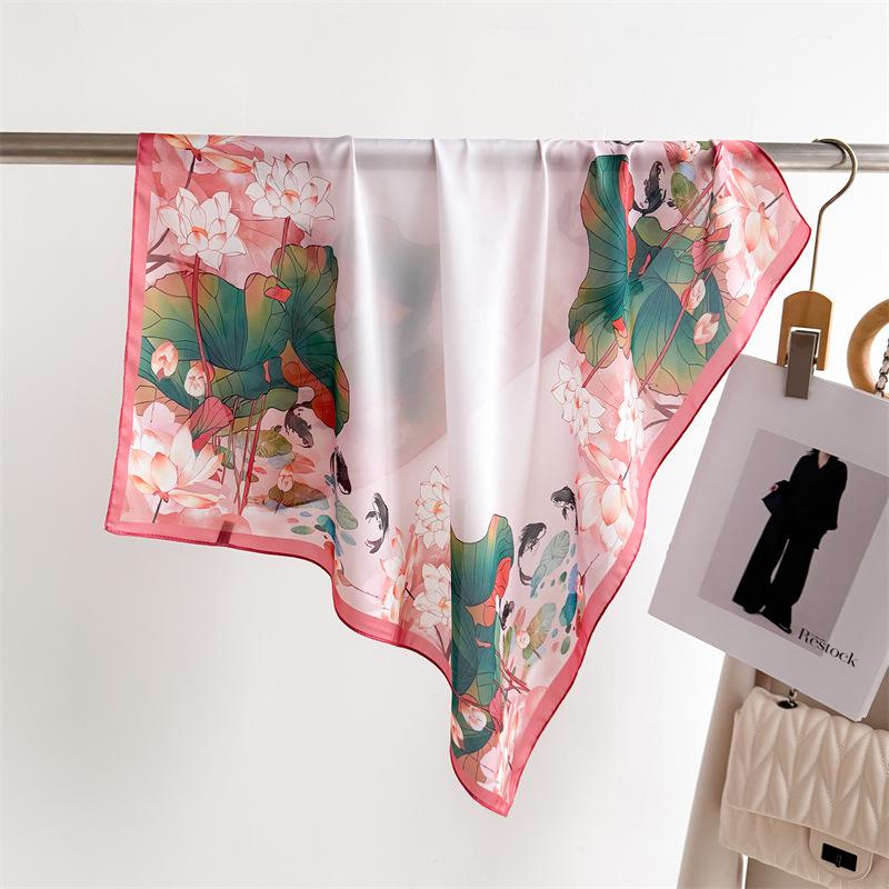 70cm Chinese Style Lotus Printed Scarf Women's Soft Satin Plant Printed Scarfs Thin and Fashionable Headscarf Shawl Scarf
