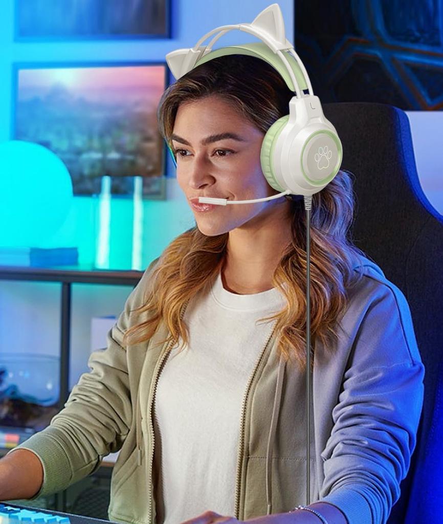 YIK TUNG Słuchawki Gamingowe Przewodowe z Kocimi Uszami Głośniki 40MM z RGB USB Miękkie Ochronne Dobry Dźwięk Regulowane Kompatybilne z Językiem Nowe Japońskie