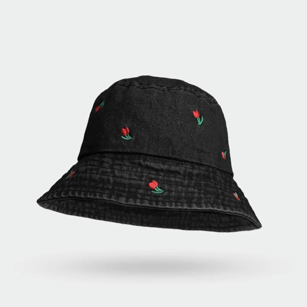 Foldable Women s Bucket Hat Rose Embroidered Beach Sun Hat Breathable Denim Fisherman Hat Summer чёрный