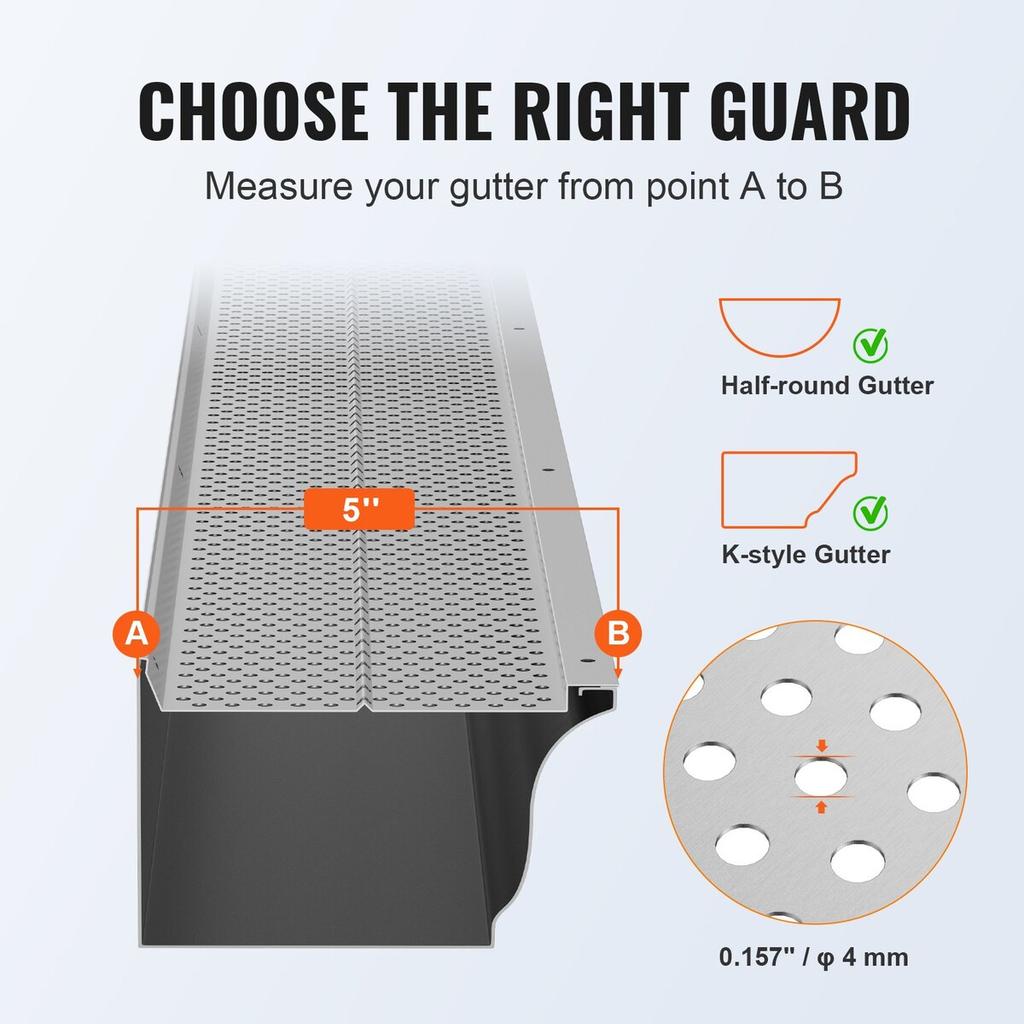 Gutter Guard, 5 inch Width, Aluminum Leaf Filter DIY Gutter Cover, 26 PCS 104 ft Total Length, 0.157'' Hole Diameter & 0.02'' Thick Raptor Gutter