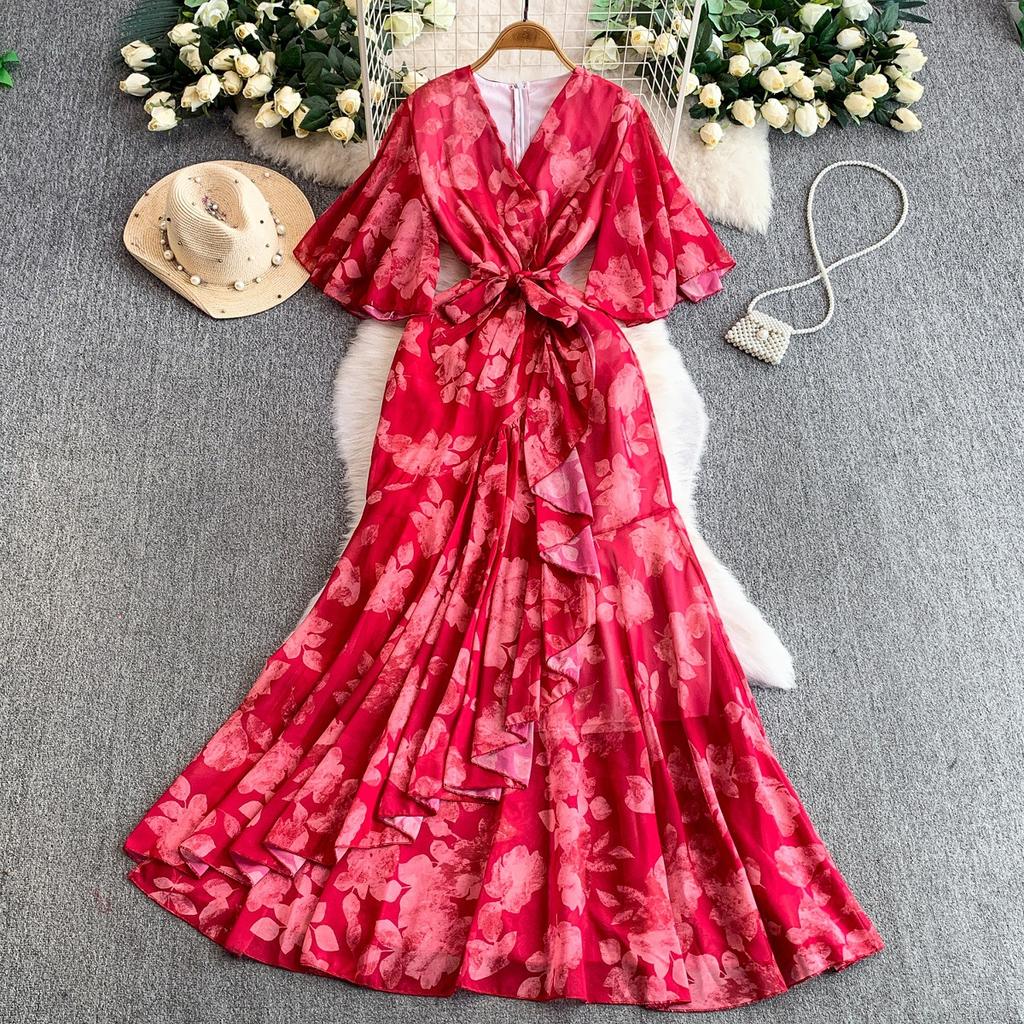 French holiday style beautiful fairy gas printing V-neck dress women's autumn and winter waist irregular elegant ruffle skirt