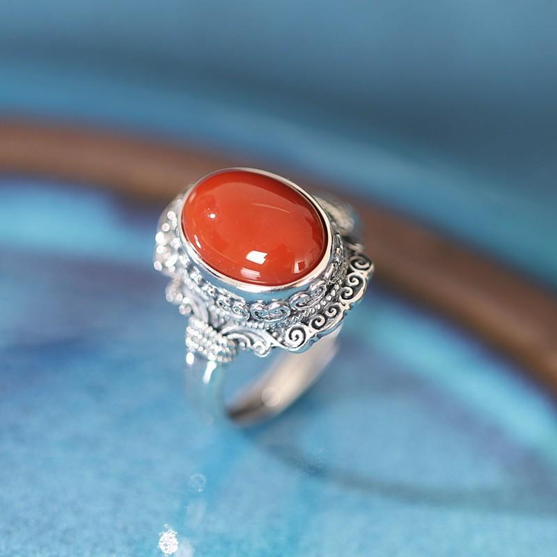 Adjustable Open Ring Women Men Vintage Bohemian Style Red Agate Geometric Statement Copper Jewelry