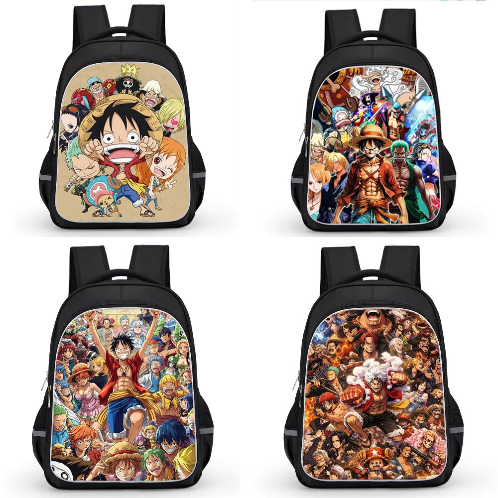 16 Inch Black Cartoon One Piece Backpack Mochila, Light Weight Unisex School Backpack Travel Daypack for Boys Girls Age 6-10