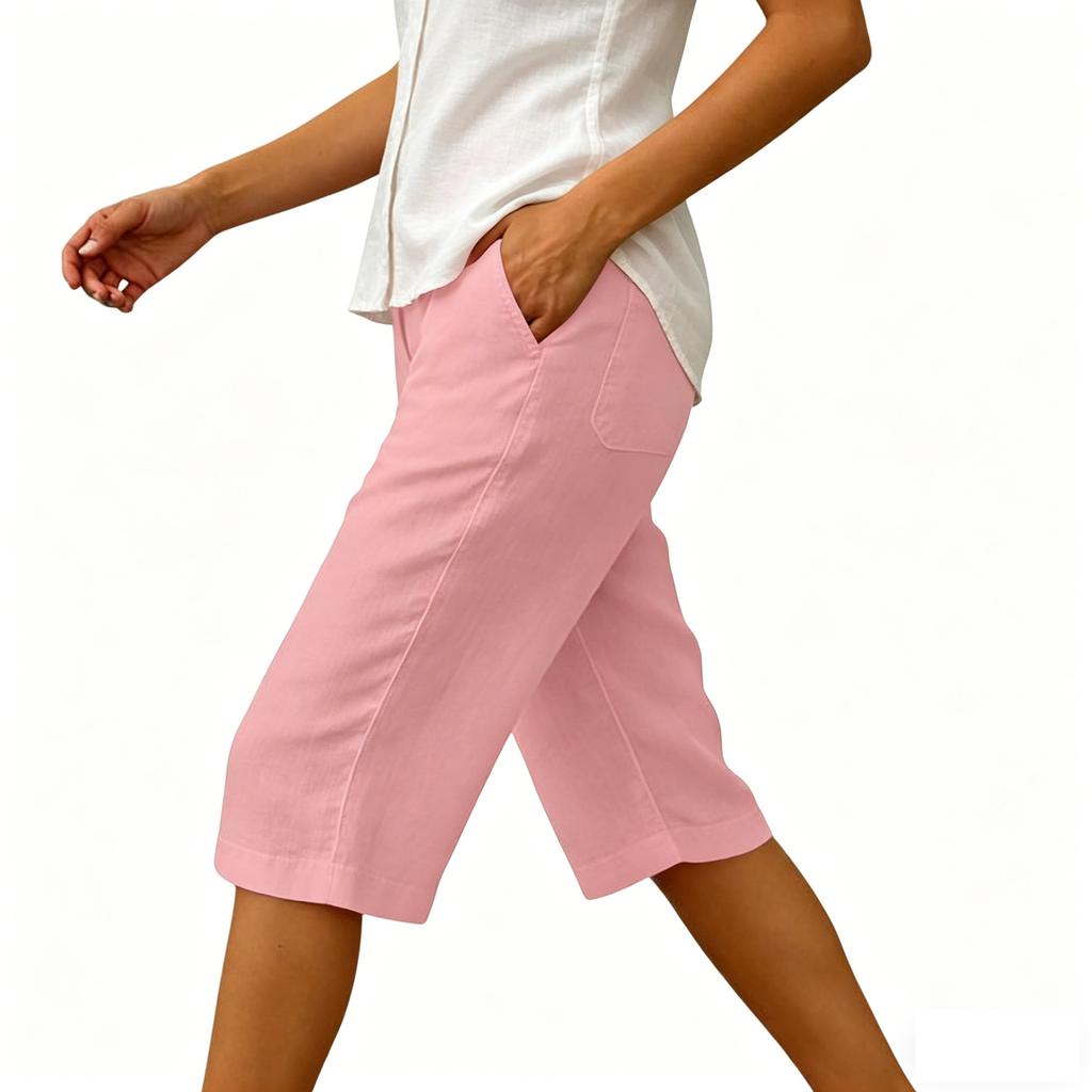 Women's Summer Fashion Elastic Waist Cotton Linen Five Quarter Pants Casual Loose Pocket Shorts
