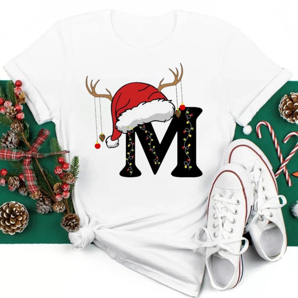 Christmas Hat A To Z Letters Tshirt Christmas Family Activity Sleeved Streetwear Harajuku Short Sleeve Casual Aesthetic Clothes