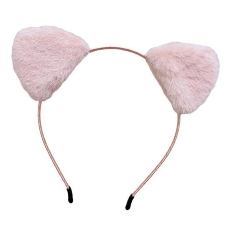Women Hairband Soft Fluffy Plush Cartoon Kitty Ear Decor Elastic Narrow Brim Anti-slip Regular Fit Solid Color Head Decoration Hair Hoop
