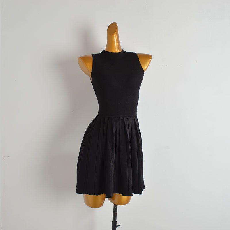

Simple Solid Sleeveless Knitted dress Women clothes Summer New Waist Hugging Slimming Short A- line Skirt Black XS