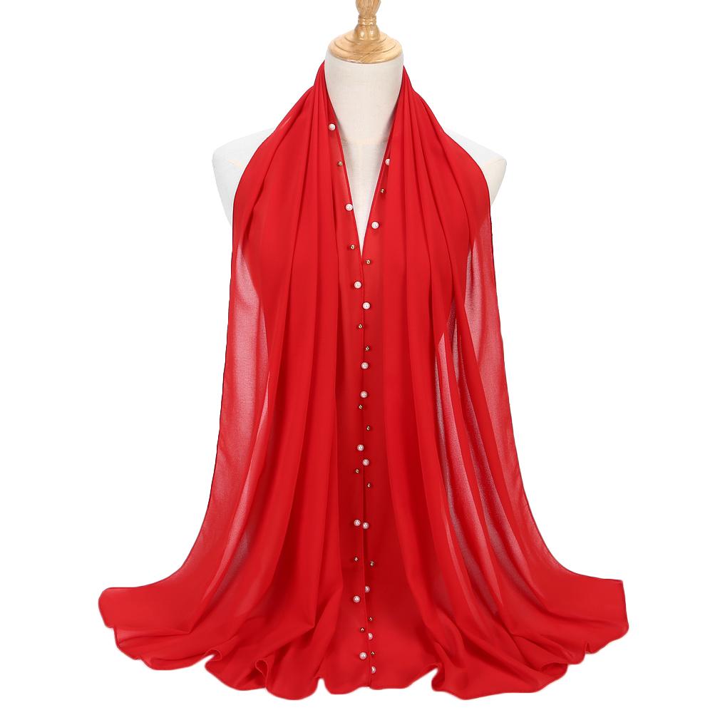 Women's Solid Chiffon Pearl Scarf, Elegant Beaded Hijab Shawl, Muslim Headscarf for Daily/Party