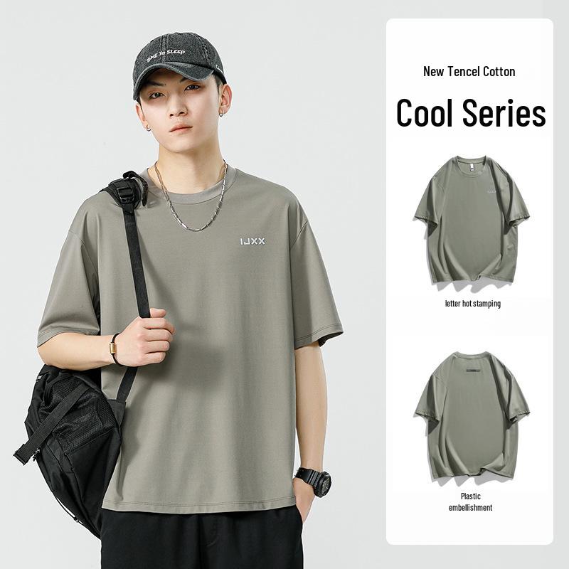 Men's Trendy Black Ice Silk Cotton Crew Neck Loose Fit Printed Short Sleeve T-Shirt