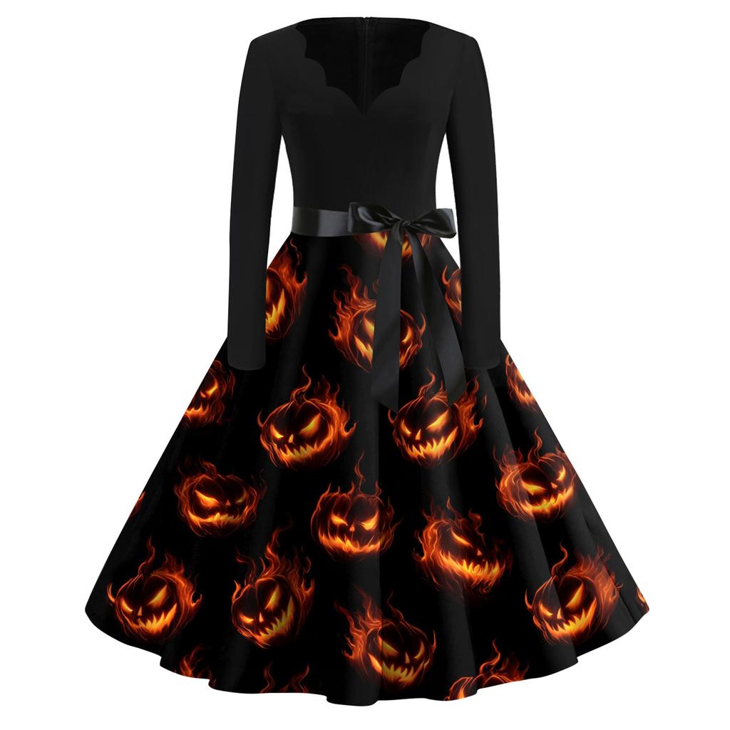 Women's Casual Fashion Halloween Printed V-Neck Vintage Dress
